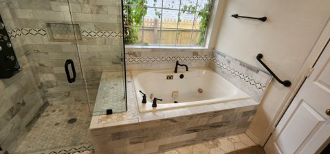 Marble hex floor tile shower detail