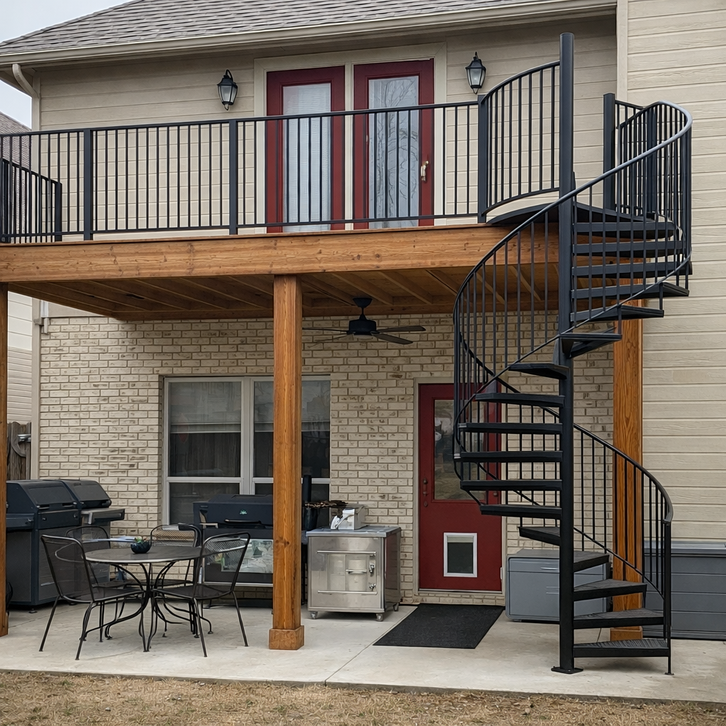 Elevated deck with spiral staircase and covered patio below
