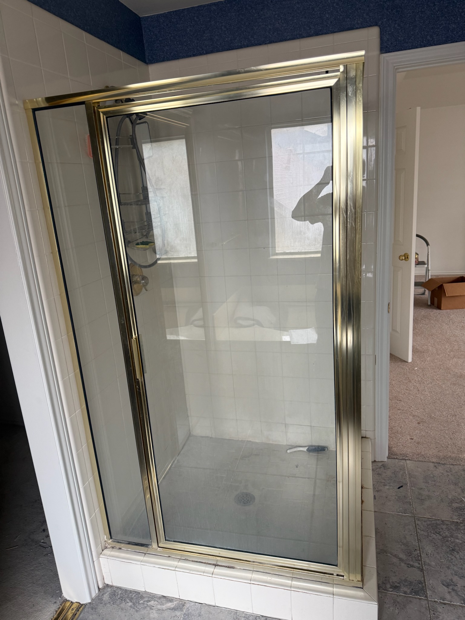 Old brass-framed shower door before replacement